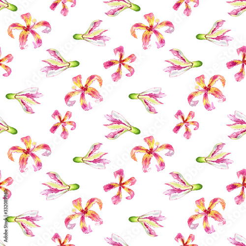 Seamless pattern of watercolor spring pink flowers. White background.