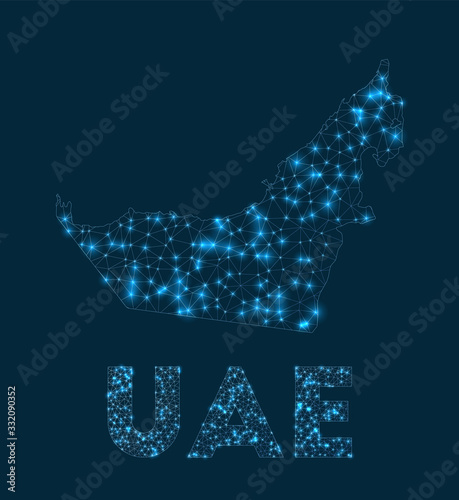 UAE network map. Abstract geometric map of the country. Internet connections and telecommunication design. Charming vector illustration.