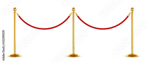 Golden pole with red rope barrier isolated on white background. Clipping path included. 3d illustration photo