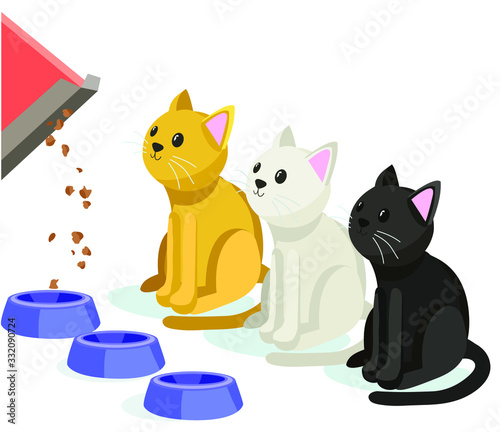 three cartoon cute sitting white orange and black cats waiting for food feeding bowl falling granules isolated on white background