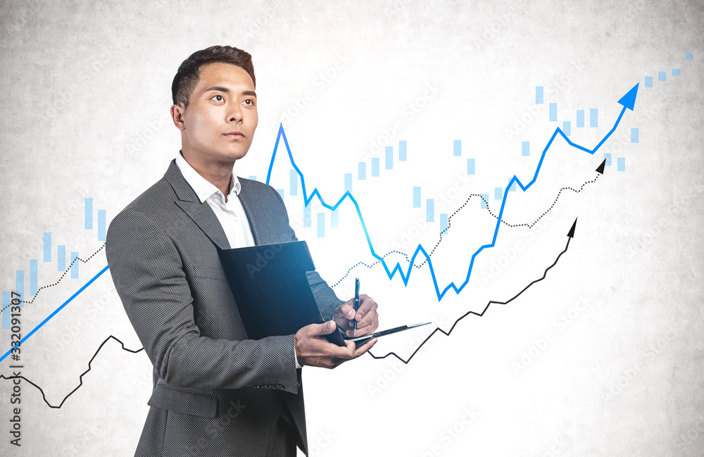 Asian man with clipboard, growing graphs Asian man with clipboard, growing graphs