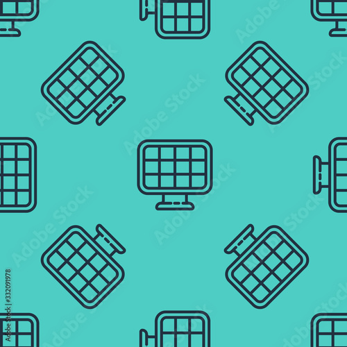 Black line Solar energy panel icon isolated seamless pattern on green background. Vector Illustration