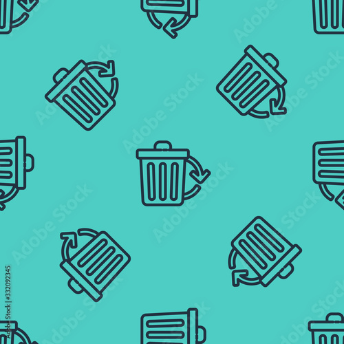 Black line Recycle bin with recycle symbol icon isolated seamless pattern on green background. Trash can icon. Garbage bin sign. Recycle basket sign. Vector Illustration