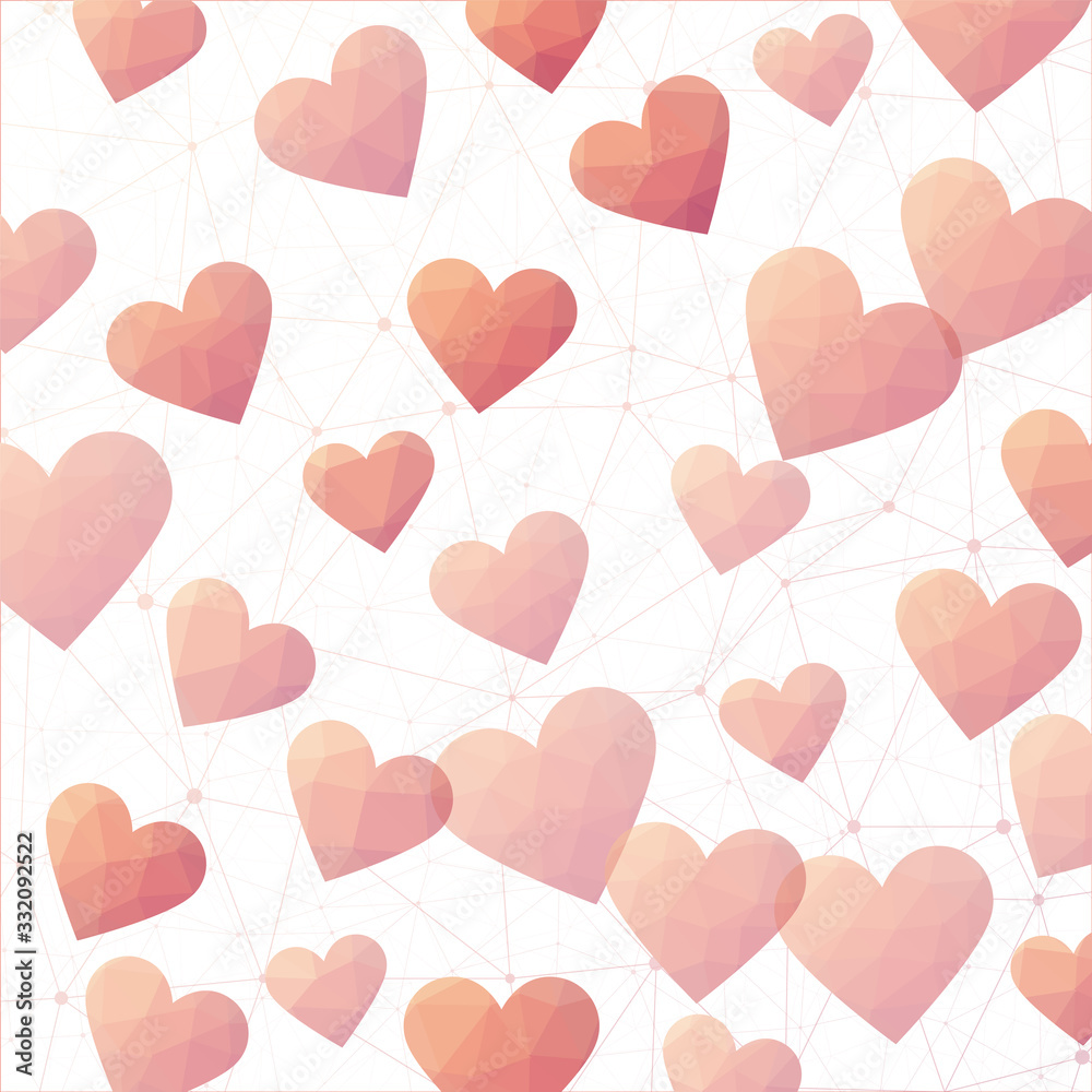 Geometric Hearts confetti. Polygonal hearts in orange pink colors. Appealing digital design. Artistic vector illustration.