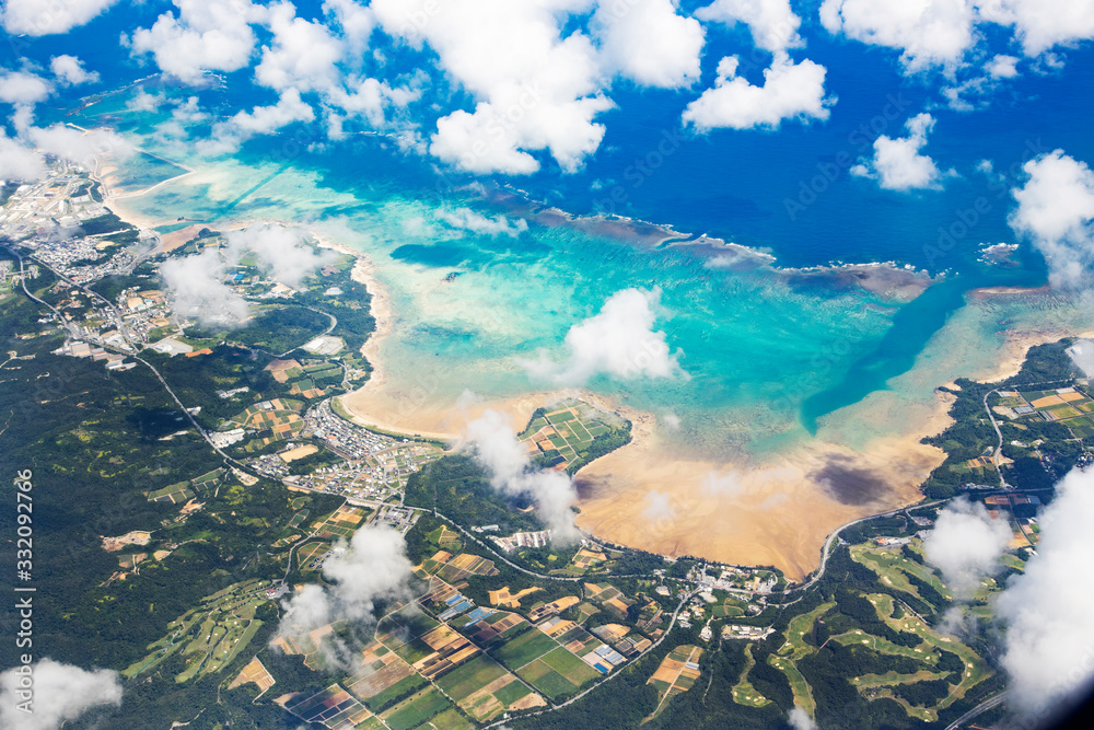 Landscape from airplane, from Okinawa to Yoron island - obrazy, fototapety, plakaty 