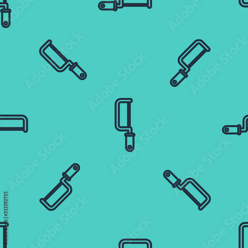 Black line Hacksaw icon isolated seamless pattern on green background. Metal saw for wood and metal. Vector Illustration