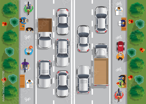 Road traffic and a sidewalk. View from above. Vector illustration.