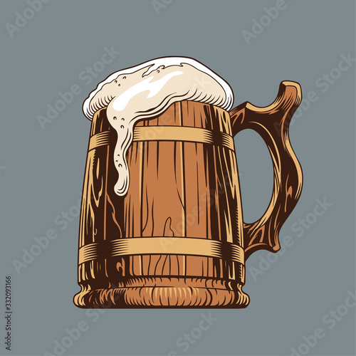 Beer classic wooden mug or tankard. Vector illustration.