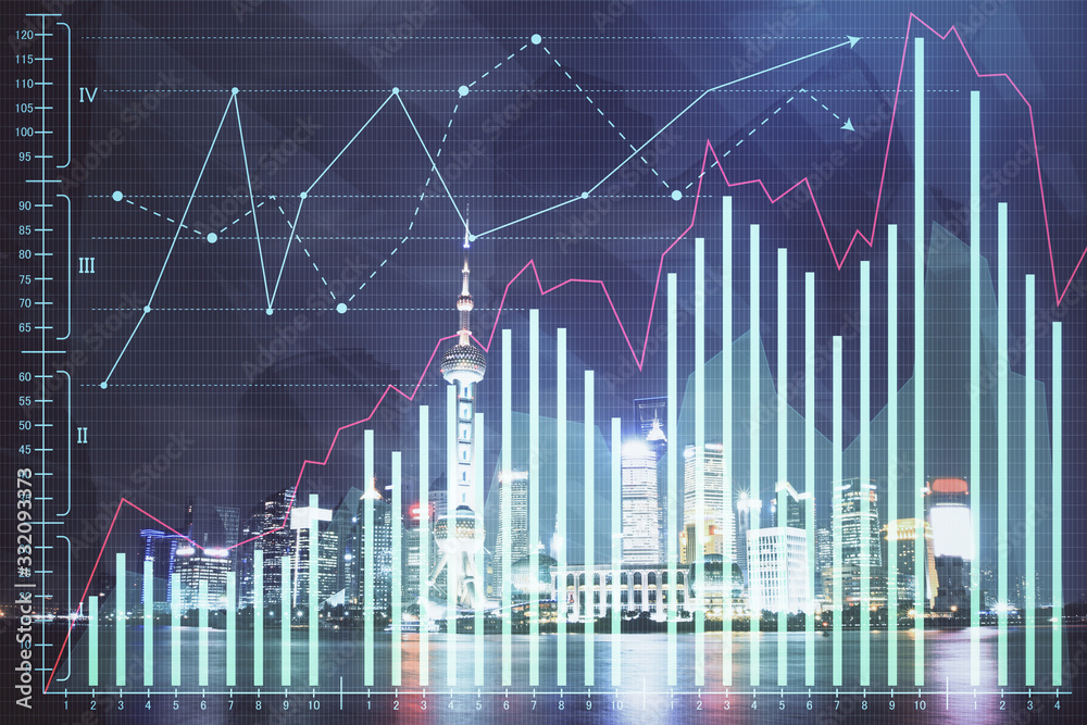Financial graph on night city scape with tall buildings background multi exposure. Analysis concept. Financial graph on night city scape with tall buildings background multi exposure. Analysis concept.