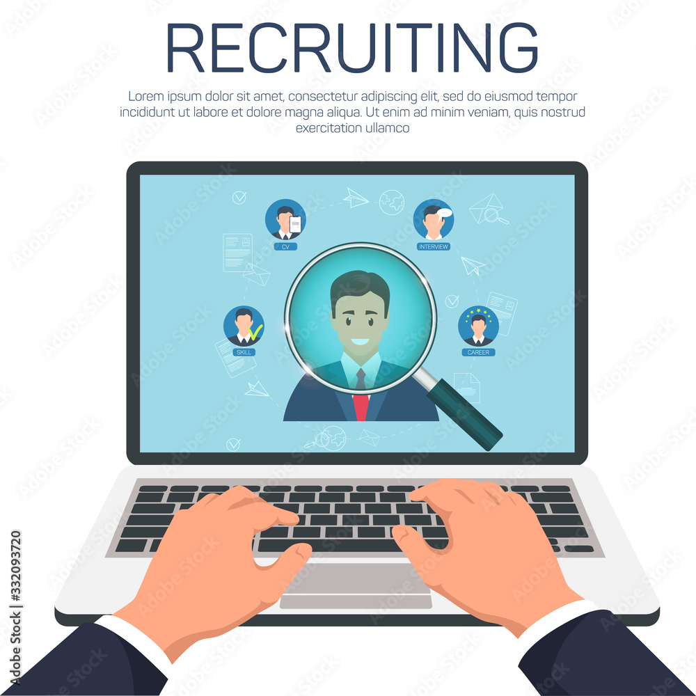 Recruiting and Search for Best Candidate Flat Cartoon Banner Vector Illustration. Hands Looking for Applicant on Laptop. Smiling Young Man in Business Suit under Magnifying Glass. People for Job. Recruiting and Search for Best Candidate Flat Cartoon Banner Vector Illustration. Hands Looking for Applicant on Laptop. Smiling Young Man in Business Suit under Magnifying Glass. People for Job.