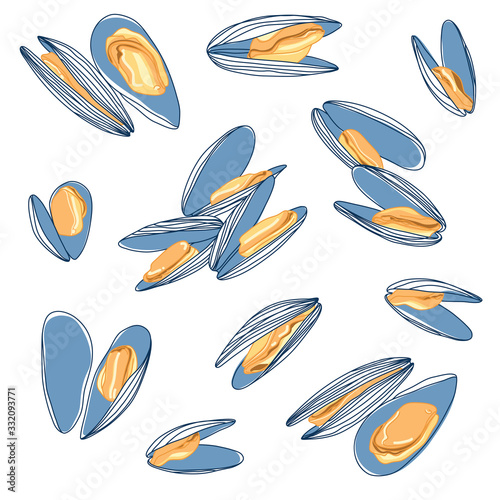 Collection of Mussels Sketch Design. Seafood Drawing