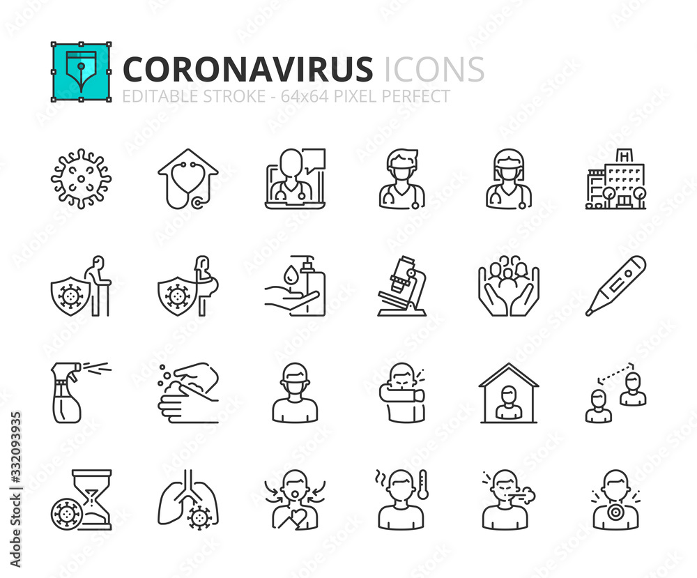 Simple set of outline icons about  Coronavirus prevention and symptoms. Health care.