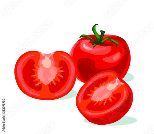 three types of sliced half slice of red sliced tomato vegetable food symbol isolated on white background