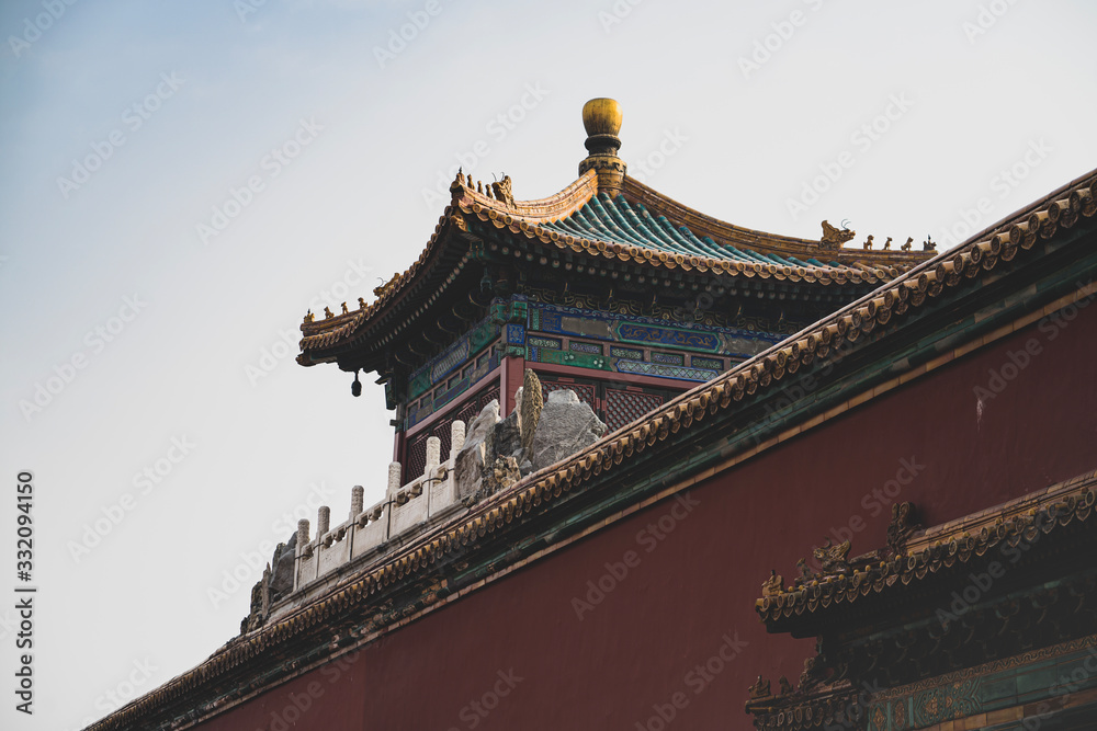 Pavilion and Watchtower by the moat, water became frozen at the Forbidden City in winter, Beijing, China.