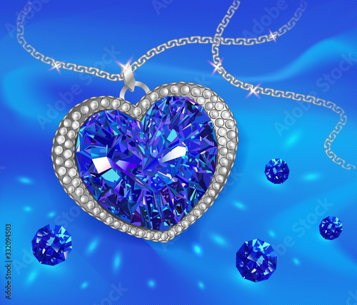 Blue gemstone sapphire in the shape of a heart. Vector illustration.