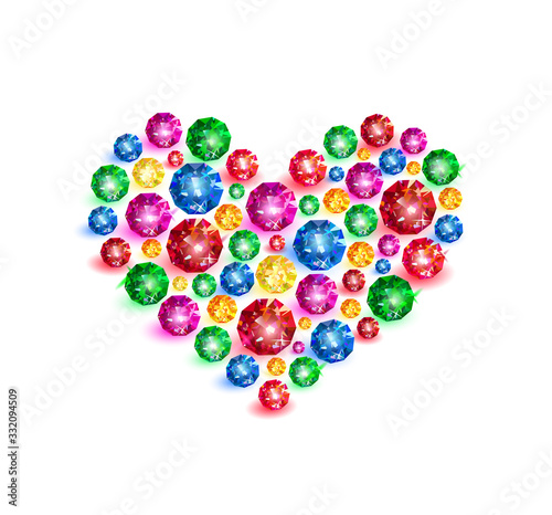 Colorful gems in the shape of heart on white background. Vector illustration.