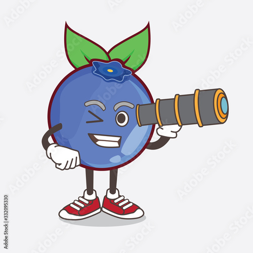 Blueberry Fruit cartoon mascot character using a monocular