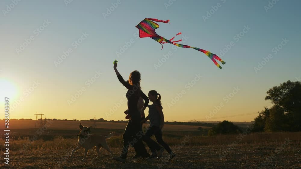 Happy family with a dog play with a kite on nature at sunset. People on a meadow run holding a flying kite, slow-motion shot