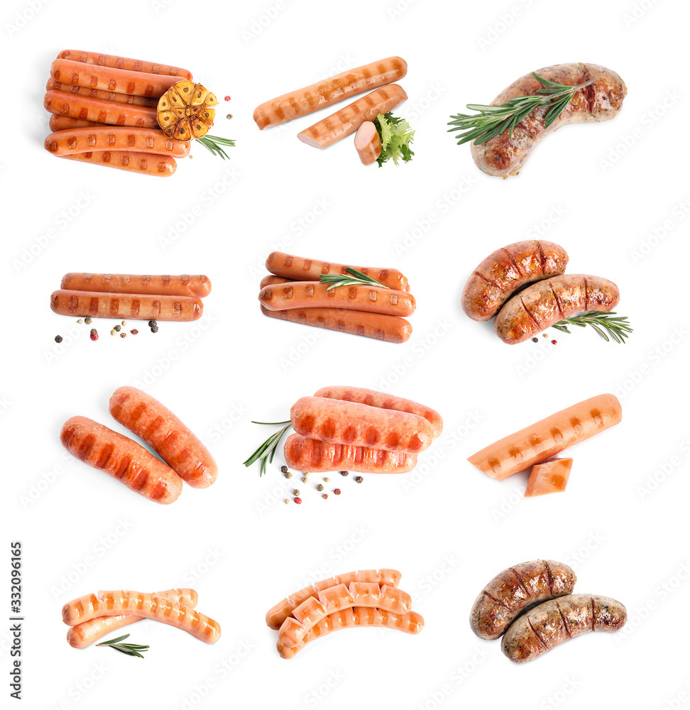 Set of delicious grilled sausages on white background Set of delicious grilled sausages on white background