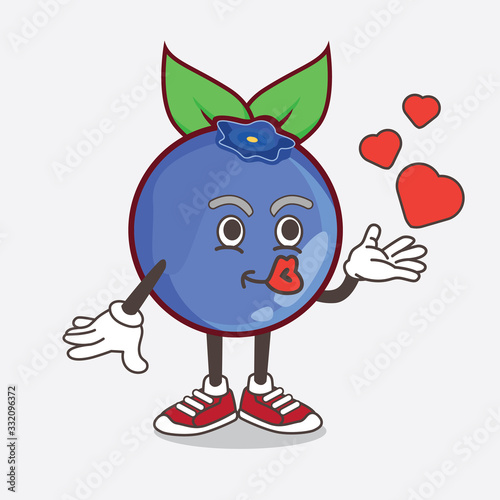 Blueberry Fruit cartoon mascot character teasing with heart kiss