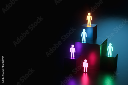 inclusion, a working group of five multi-colored icons of a human worker on a dark background. team building, cultural diversity, staffing decisions. 3D rendering, 3D illustration, copy space.