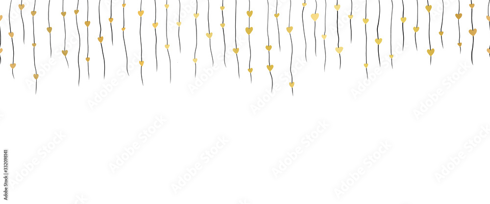 Golden hearts hanging from black strings seamless vector border. Isolated hand drawn metallic gold foil heart shapes on white background. For Valentine, Mothers day cards, wedding invitations