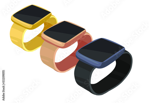 three smart watches in row in three colors gold pink and black clocks new technology isolated on white background