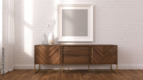 Schilderij op canvas 3d render mock up wood sideboard and frame photo