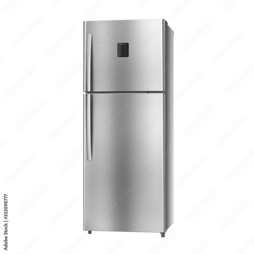 Double Door Refrigerator Isolated on White Background. Side View of