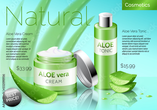 Realistic Aloe vera cosmetics products, bottle with tonic and cream