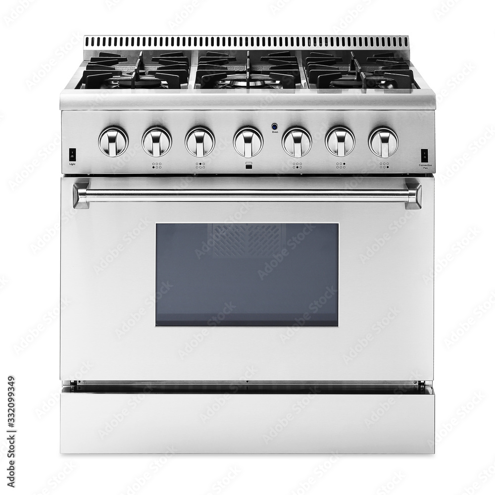 Single Gas Range Cooker with Warming Drawer Isolated on White. Steam