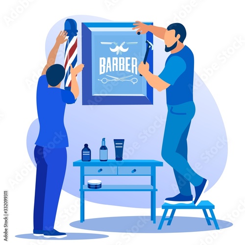 Couple of Young Stylish Hair Stylists Hanging on Wall Barber Certificate in Wooden Frame. Opening New Trendy Fashion Men Grooming Salon for Spa and Beauty Procedures Cartoon Flat Vector Illustration