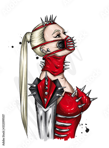 Beautiful girl in leather mask. Sex and BDSM, love. Underwear. Vector illustration for greeting card or poster, print for t-shirt. Fashion & Style.  Coronavirus, quarantine.