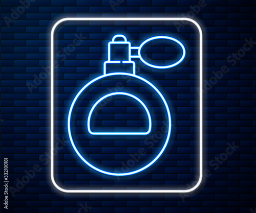 Glowing neon line Perfume icon isolated on brick wall background. Vector Illustration