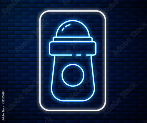 Glowing neon line Antiperspirant deodorant roll icon isolated on brick wall background. Cosmetic for body hygiene. Vector Illustration