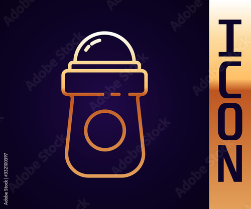 Gold line Antiperspirant deodorant roll icon isolated on black background. Cosmetic for body hygiene. Vector Illustration