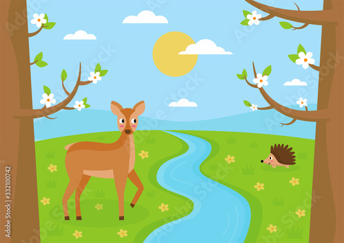 Cute spring landscape with roe deer and hedgehog.
