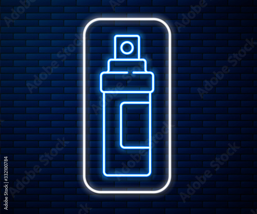 Glowing neon line Perfume icon isolated on brick wall background. Vector Illustration