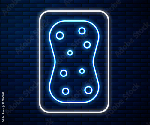 Glowing neon line Sponge with bubbles icon isolated on brick wall background. Wisp of bast for washing dishes. Cleaning service logo. Vector Illustration