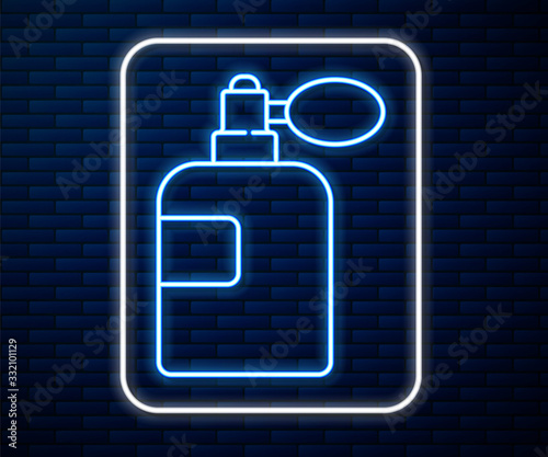 Glowing neon line Perfume icon isolated on brick wall background. Vector Illustration