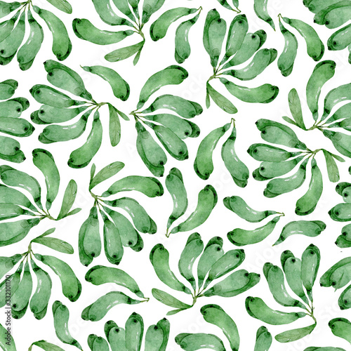 Green banana seamless pattern design on white background. Hand drawn watercolor illustration