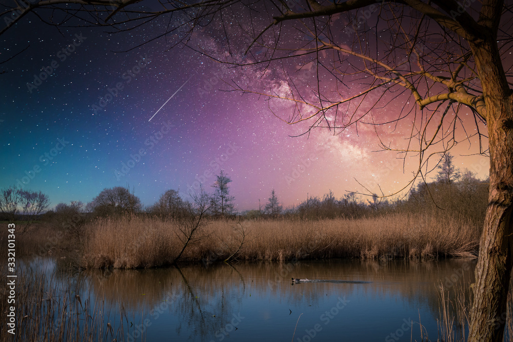 above small lake the bright milky way can be seen in the sky above small lake the bright milky way can be seen in the sky