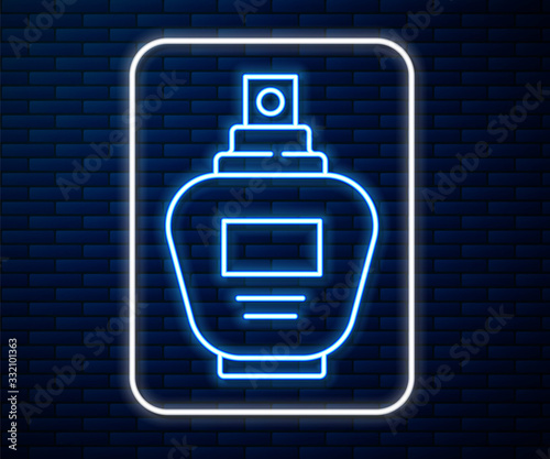 Glowing neon line Perfume icon isolated on brick wall background. Vector Illustration