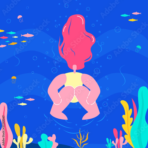 Woman Diving in Ocean Flat Vector Illustration. Tropical Fish, Multicolor Seaweed at Sea Bottom. Exotic Underwater Life, Marine Flora and Fauna. Pink Haired Young Girl at Summer Holiday Vacation