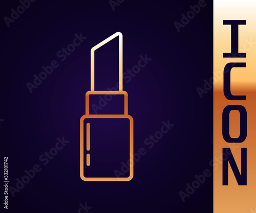 Gold line Lipstick icon isolated on black background. 8 March. International Happy Women Day. Vector Illustration