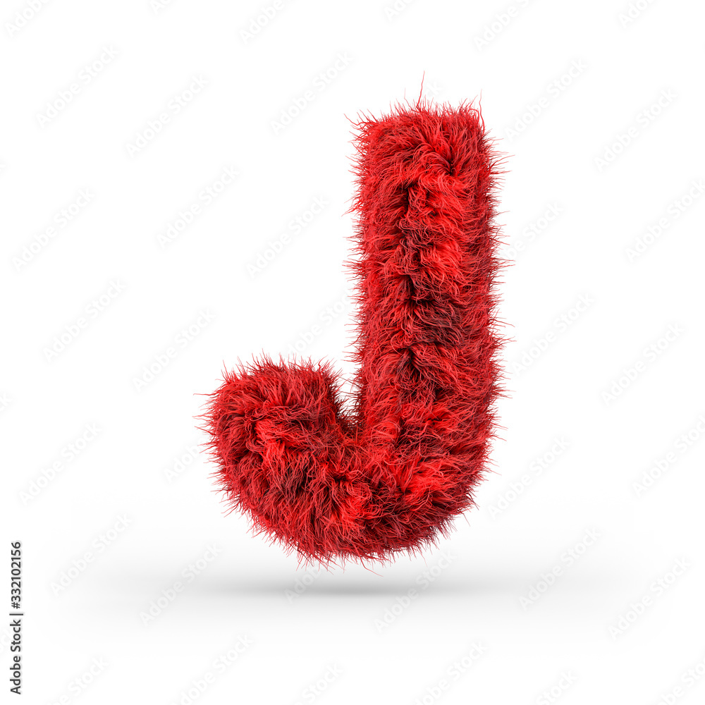 Capital letter J. Uppercase. Red fluffy and furry font. 3D Capital letter J. Uppercase. Red fluffy and furry font. 3D