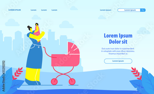 Babysitting Service Landing Page Vector Template. Mother, Nanny with Child Cartoon Character. Motherhood Advice, Young Moms Forum Flat Homepage Design. Motherhood Website Concept with Text Space