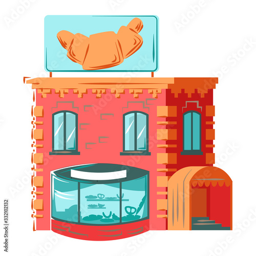 Residential house building exterior, facade architecture, two floors, brick tower flat vector illustration isolated on white. Old european cottage facade with widows, chimney and cobbler signboard.