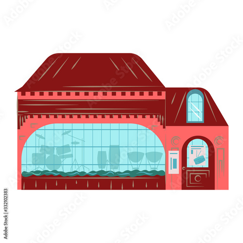 Residential house building exterior, facade architecture, two floors, brick tower flat vector illustration isolated on white. Old european cottage facade with widows, chimney and cobbler signboard.
