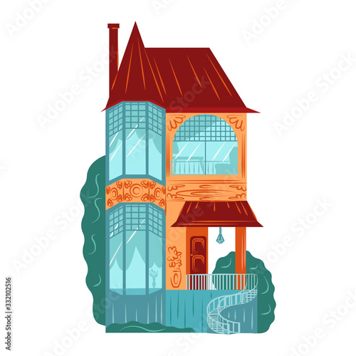 Residential house building exterior, facade architecture, two floors, brick tower flat vector illustration isolated on white. Old european cottage facade with widows, chimney and cobbler signboard.